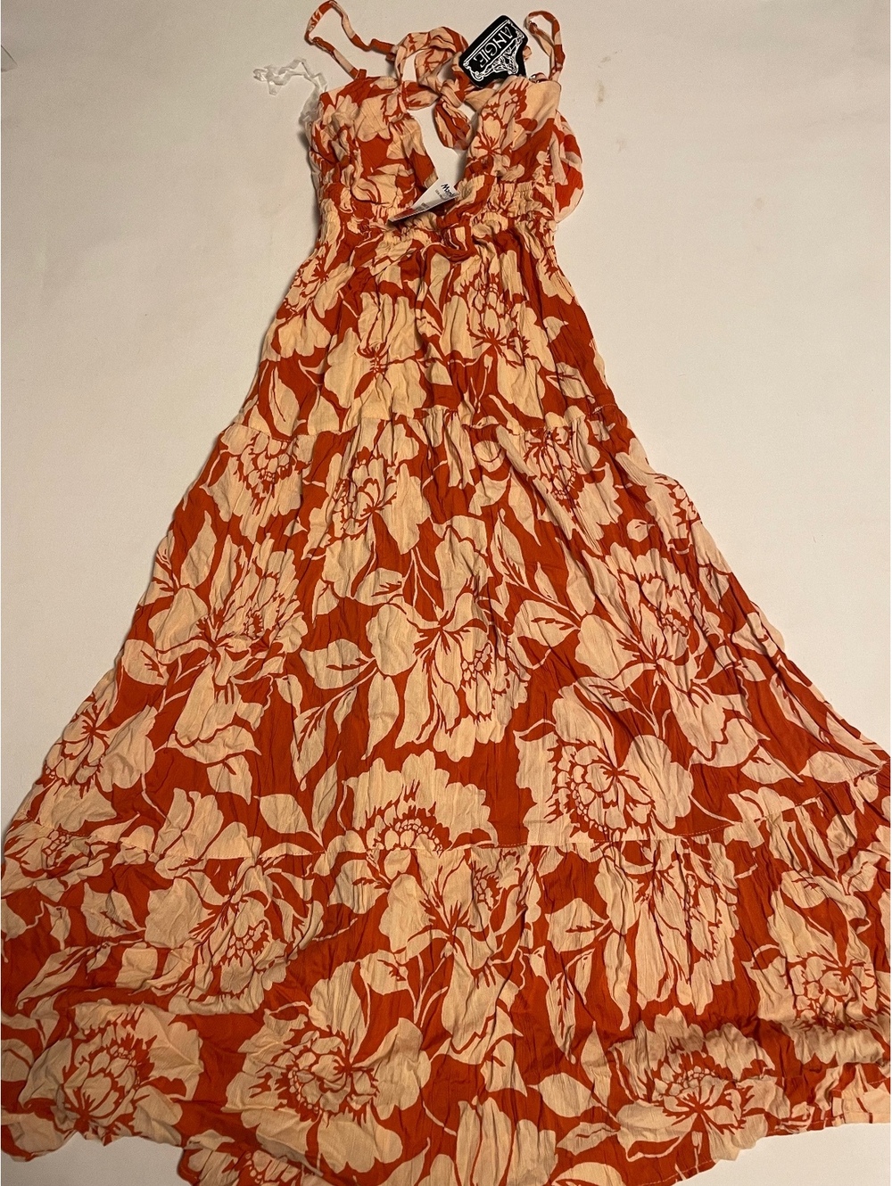Angie Floral Rayon Maxi Dress Size Large Orange and Cream